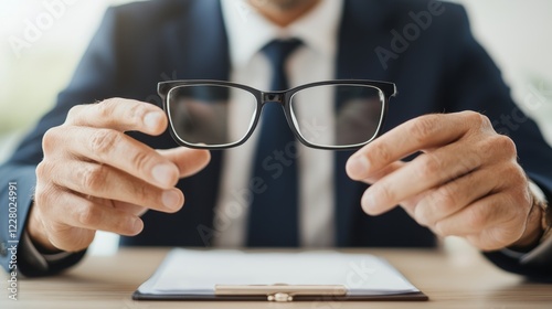 Leadership Development for Effective Management and Empowerment. A businessman holds glasses while reviewing documents on a desk. photo