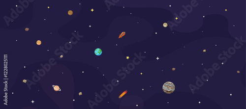 Vector illustration of space, universe. Cute cartoon planets, asteroids, comet, rockets. Kids illustration