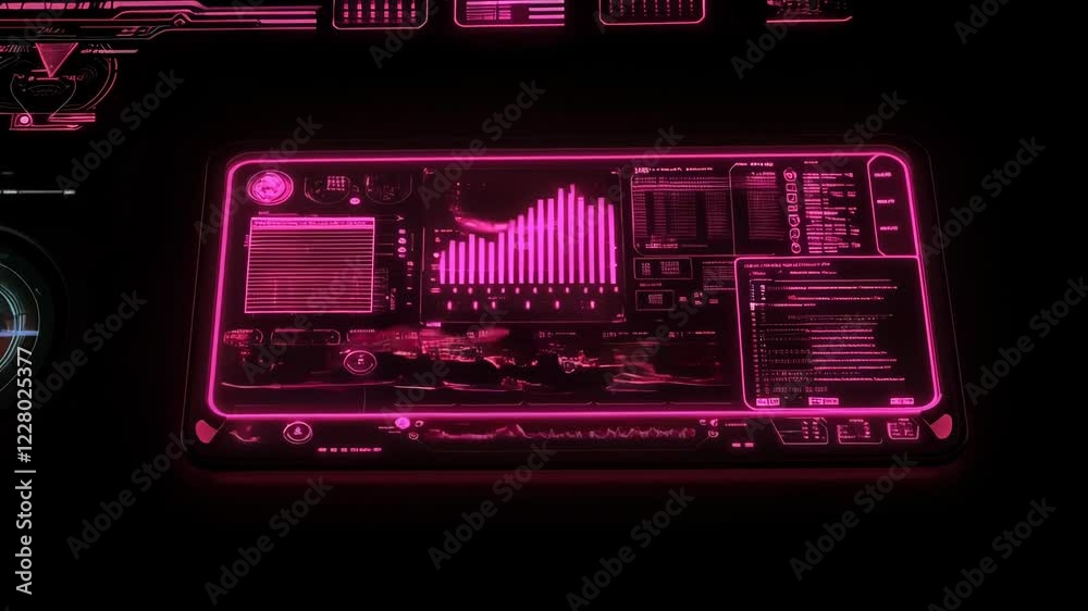 Futuristic pink digital interface with graphs, charts, and data displays on a dark background. Futuristic pink digital interface with graphs, charts, and data displays on a dark background.