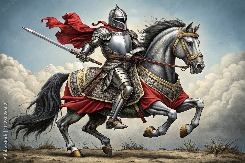 Medieval Knight Rearing Horse Engraving - Black & White Scratchboard Style Stock Photo Medieval Knight Rearing Horse Engraving - Black & White Scratchboard Style Stock Photo