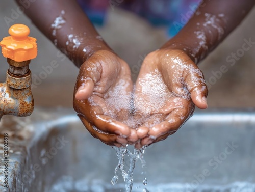 Photo of two hands washing under a rusty faucet, possibly in an impoverished area. The image may imply hygiene issues or the importance of water resources.