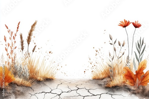 A soft watercolor painting of a parched riverbed with faint cracks in the earth and sparse vegetation, symbolizing insufficient water photo