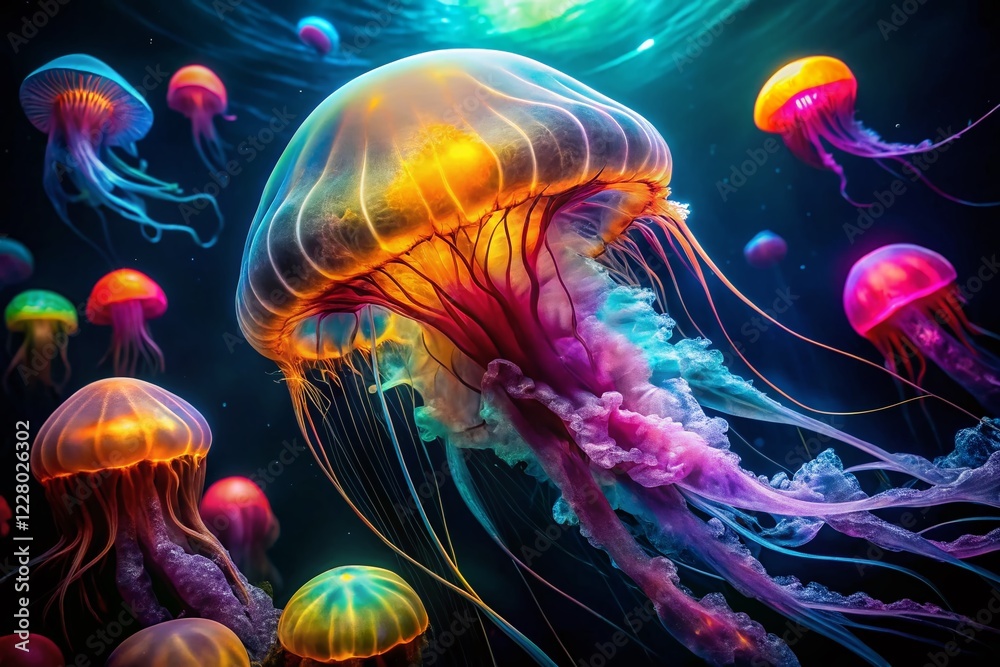 Naklejka premium Mesmerizing Colorful Jellyfish Long Exposure Underwater Photography