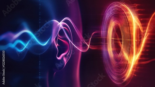 An abstract image of the human auditory system with glowing sound waves and interconnected elements against a dark background, Neon style, photo of