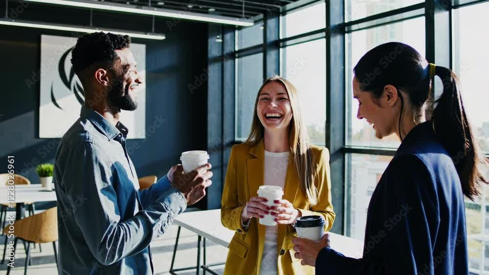 Three colleagues smiling and conversing, captured in a candid moment in a bright, modern office space Three colleagues smiling and conversing, captured in a candid moment in a bright, modern office space