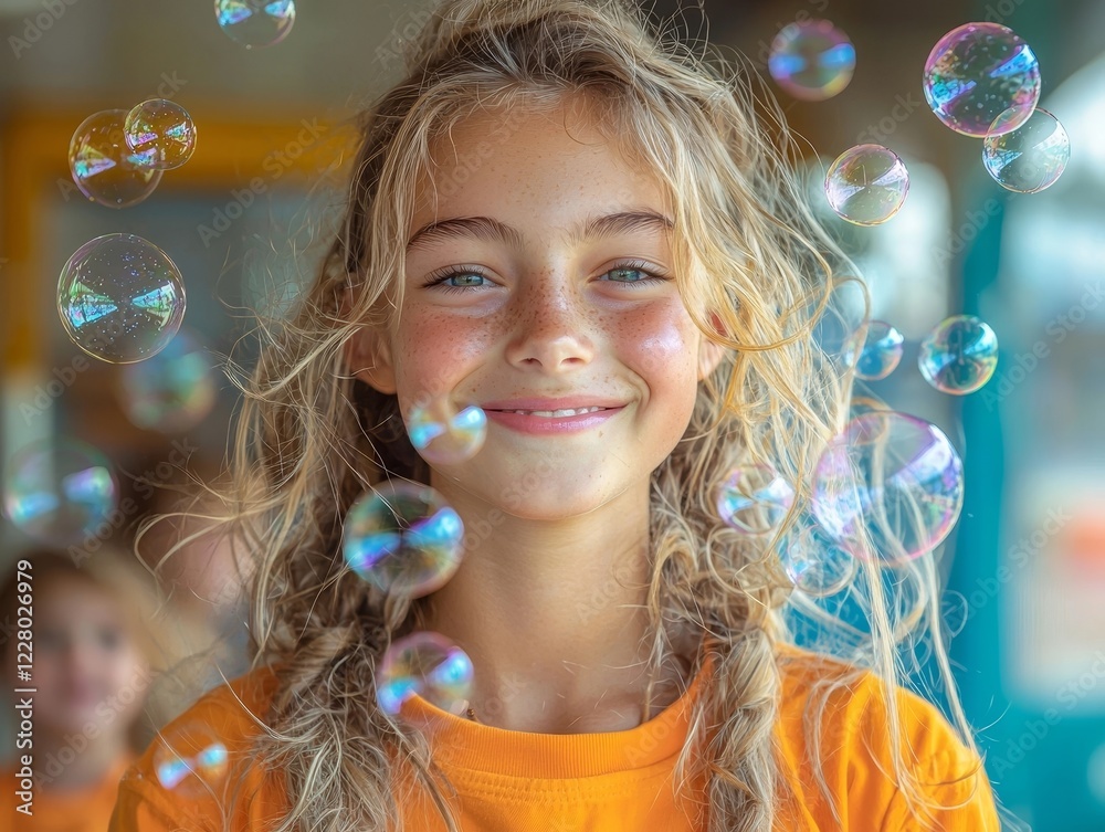 Childcare Worker Blowing Bubbles as Children Joyfully Chase and Pop Them in Bright Lively Room Childcare Worker Blowing Bubbles as Children Joyfully Chase and Pop Them in Bright Lively Room
