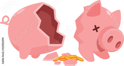 Broken piggy bank with coins scattered around, symbolizing financial loss and economic hardship