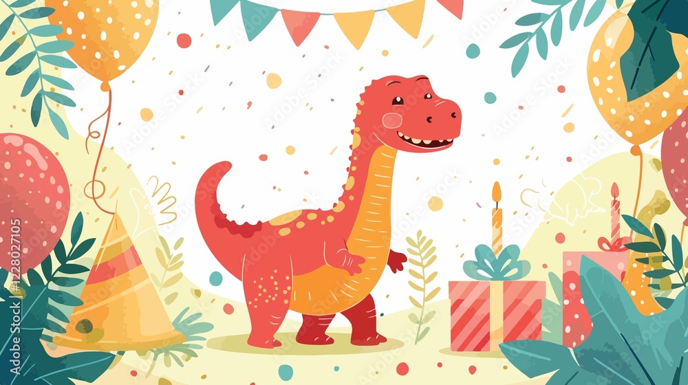 Naklejka premium Cute Birthday Dinosaur Character Flat Vector Illustration