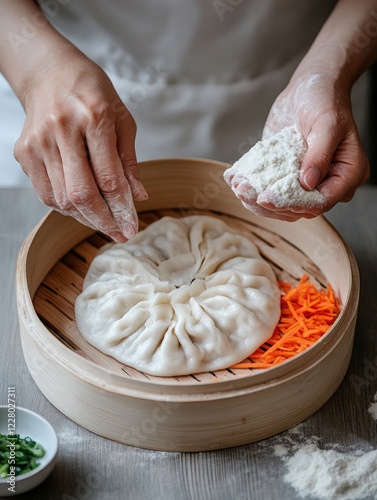 Artisan Dumpling Craft Festive Preparations with Rice Flour and Vibrant Fillings on Wood - Culinary Content for Cultural Events and Seasonal Food Marketing photo