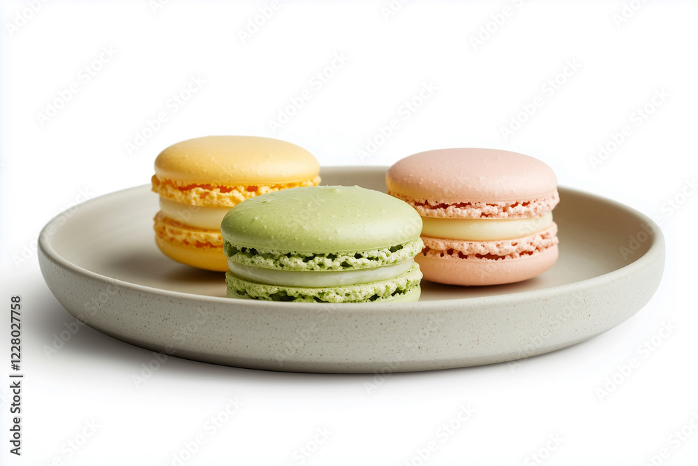 3 colorful macarons on a plate.
isolated on white background. 3 colorful macarons on a plate.
isolated on white background.