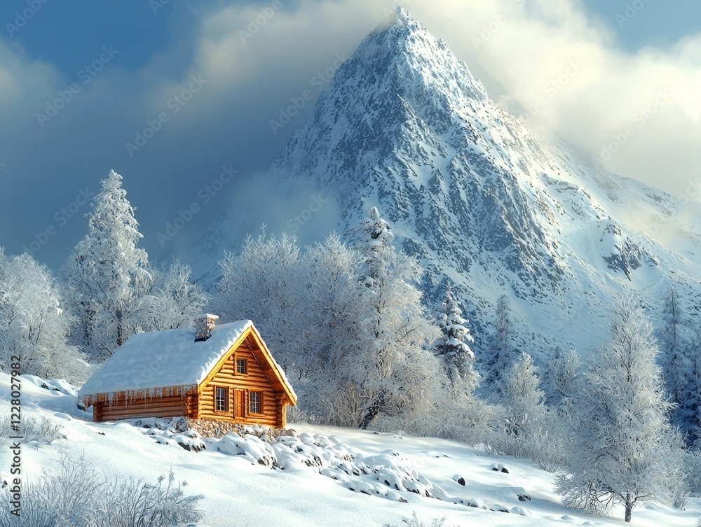 Fototapeta premium Cozy Wooden Cabin Nestled in Snowy Mountain Landscape with Bright Sky