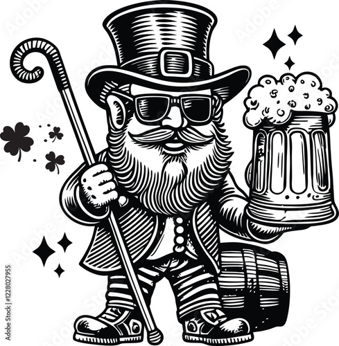 leprechaun sitting on a barrel, holding a frothy beer mug and a decorative staff,transparent background vector with a twisted trunk and lush foliage, symbolizing art sketch engraving ink poster black 