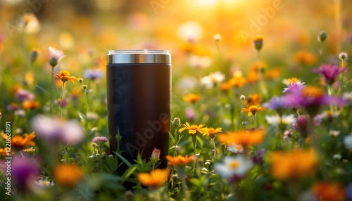 Black Tumbler in Vibrant Wildflower Field at Sunset
