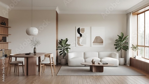 Minimalist, japandi interior design of modern living room with dining table. home design