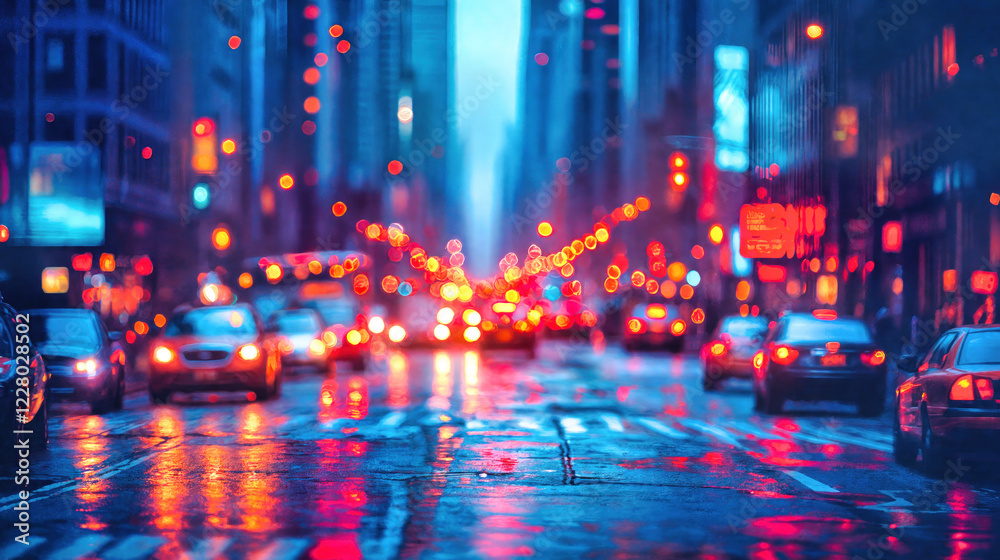 Rainy urban street at night with traffic lights reflecting on wet asphalt, colorful bokeh effect. Cars driving through downtown with glowing headlights in stormy weather Rainy urban street at night with traffic lights reflecting on wet asphalt, colorful bokeh effect. Cars driving through downtown with glowing headlights in stormy weather
