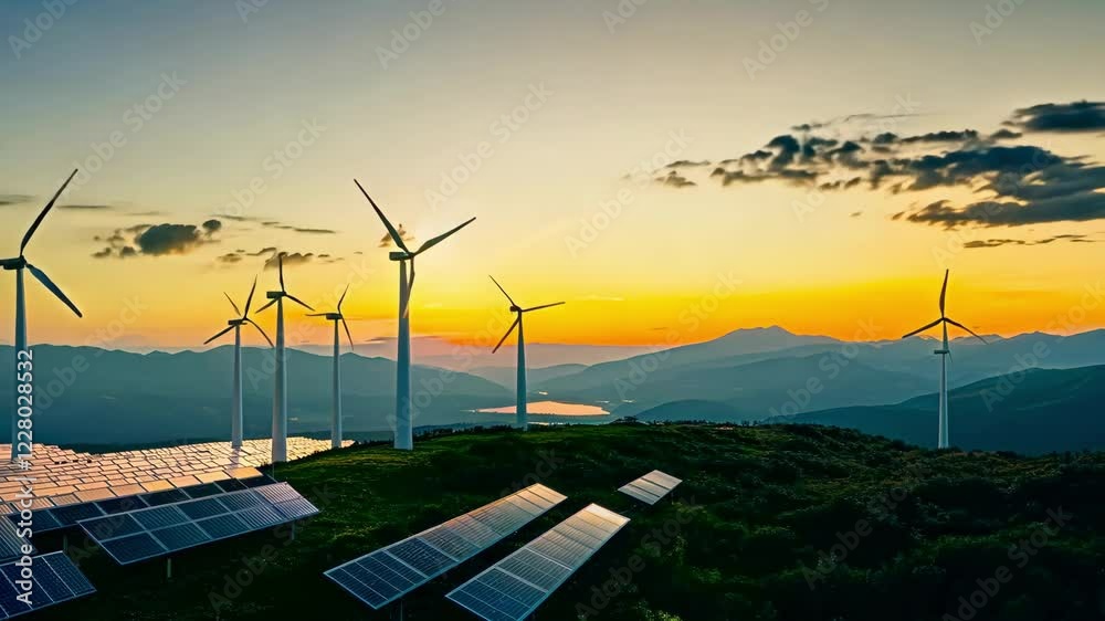 Tall wind turbines against a clear blue sky, generating renewable energy in a serene mountain landscape. Windmill park. Environmental care. Alternative, green energy, safety