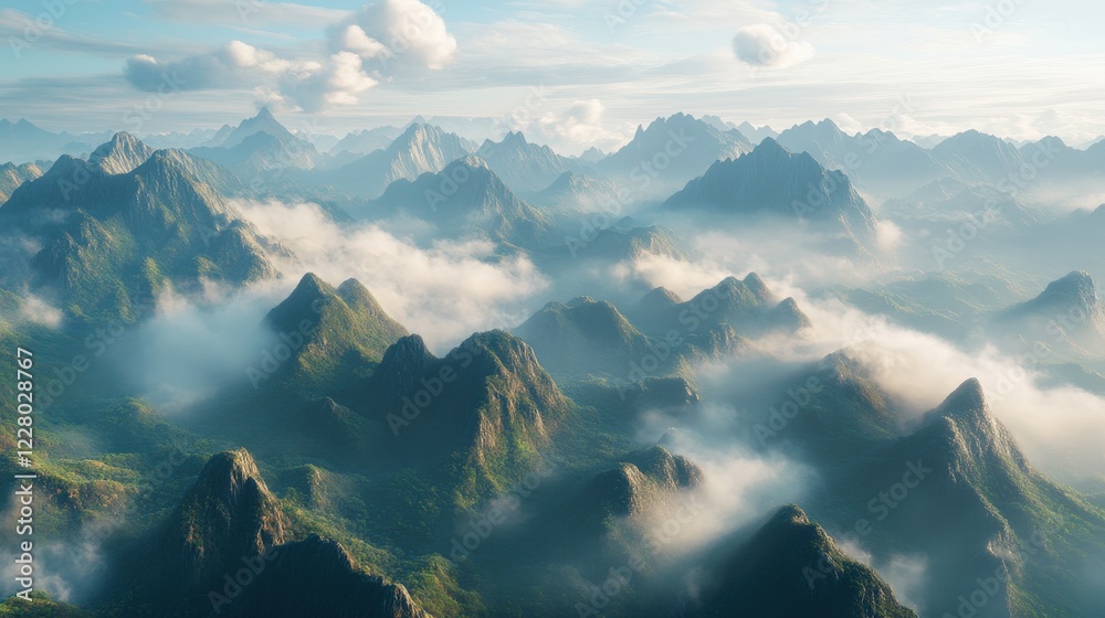 Majestic mountains rise above the clouds at sunrise Majestic mountains rise above the clouds at sunrise