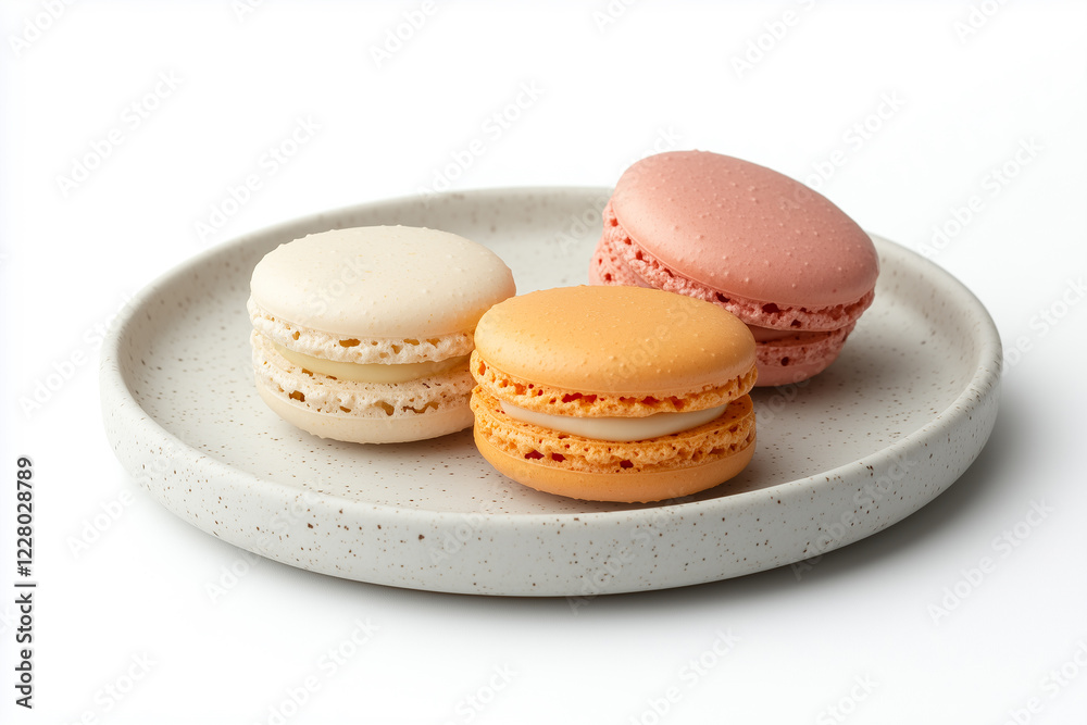 3 colorful macarons on a plate.
isolated on white background. 3 colorful macarons on a plate.
isolated on white background.
