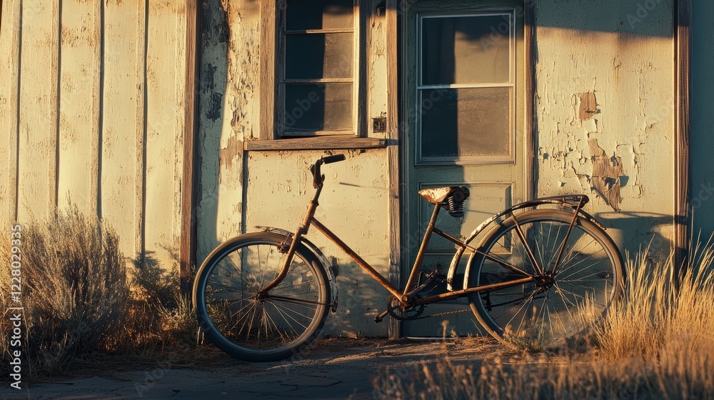 A bicycle leans against a weathered wooden building. A bicycle leans against a weathered wooden building.