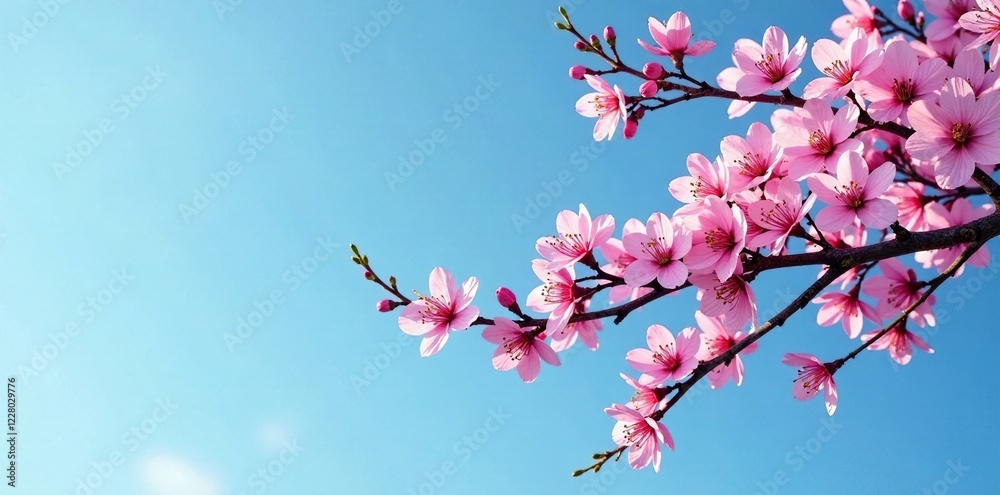 A bare cherry blossom tree with pink blossoms against a blue sky, tree, flowers, sky A bare cherry blossom tree with pink blossoms against a blue sky, tree, flowers, sky