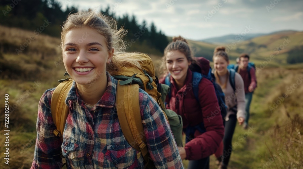 Smiling group of outdoor enthusiasts hiking with backpacks on mountain trail. Smiling group of outdoor enthusiasts hiking with backpacks on mountain trail.