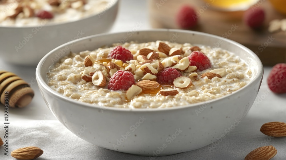 A bowl of oatmeal with raspberries and almonds. The bowl is white and has a honey drizzle on top
