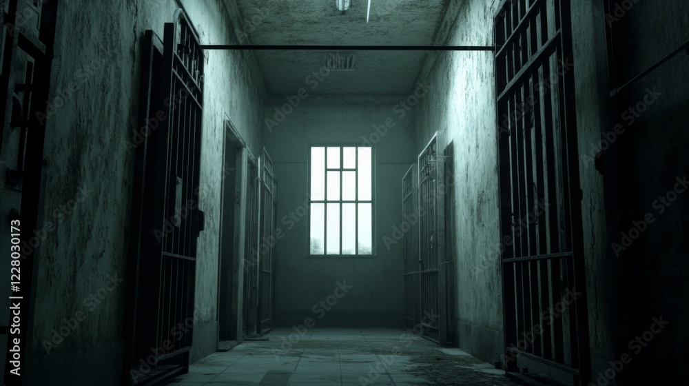 Obraz premium Dark, grunge prison corridor with barred cells and a single window.