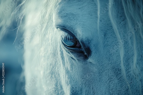 Close up of a white horse's eye in soft light