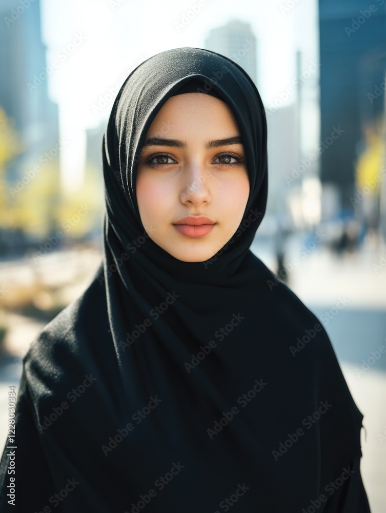 Young woman with modest attire, looking forward. Young woman with modest attire, looking forward.