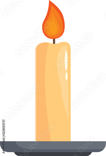 Burning paraffin candle with melting wax on a plate is standing on a white background, perfect for religious or spiritual concepts