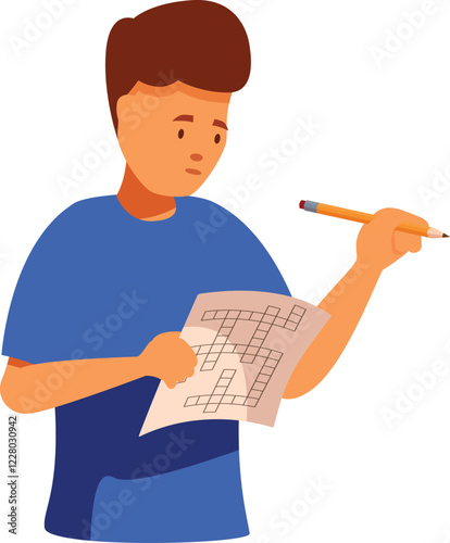Young man solving crossword puzzle with pencil, concentrated student engaging in educational brain game