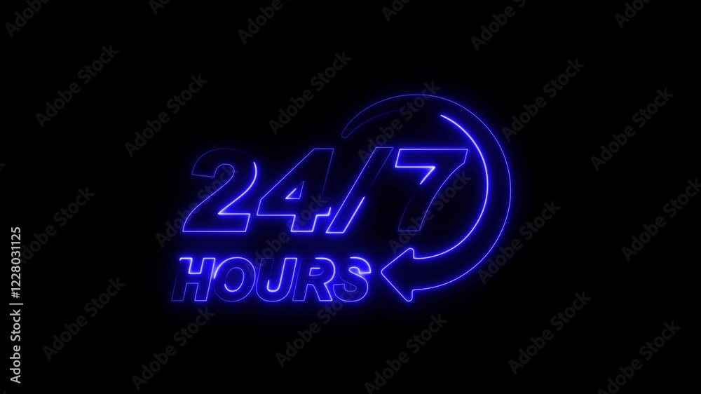 Design 24 hours 7 days icon animation. Neon glowing 24/7 service icon motion graphics. Design 24 hours 7 days icon animation. Neon glowing 24/7 service icon motion graphics.