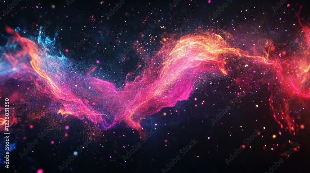 Naklejka premium A Vibrant Cosmic Swirl Of Pink, Orange, And Blue Hues, Speckled With Glittering Particles, Evokes A Dreamy, Ethereal Atmosphere.