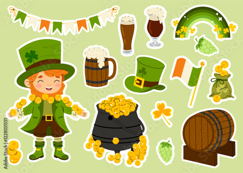 Set stickers for St. Patrick's Day. Glasses of beer, cauldron gold, clover, flags, coins. Leprechaun mythical character. Flat illustration isolated on white background.