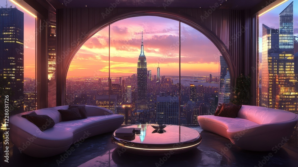 Fototapeta premium Luxury Penthouse Apartment With Stunning Sunset Views Over The New York City Skyline, Featuring Curved Sofas And A Modern Coffee Table.