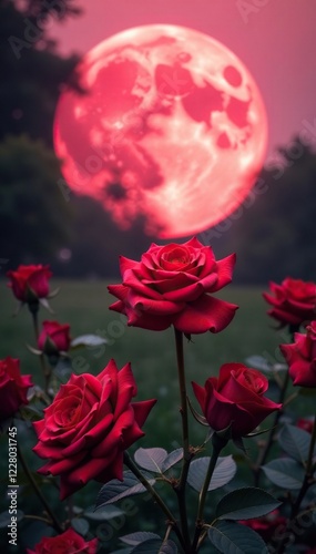 Full pink moon with red rose bouquet in a garden at sunset, rose, garden decor, flowers