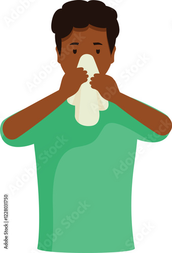 Sick person blowing his nose with tissue, suffering from cold or allergic rhinitis symptoms