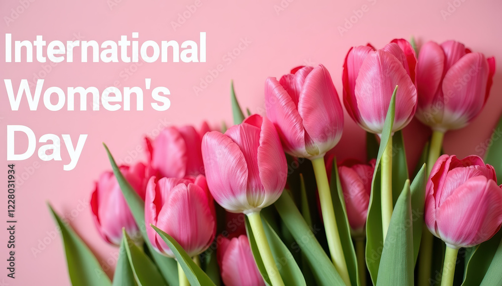 Obraz premium Stylish banner celebrating International Women's Day, featuring soft pink tulips and a warm message, designed to honor and appreciate women everywhere with a beautiful aesthetic.