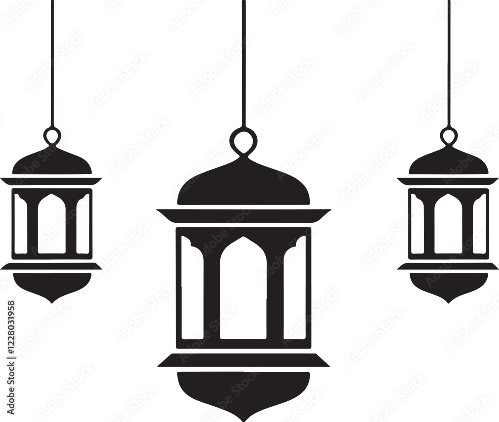 Simple Black Silhouette of Hanging Islamic Lanterns, Three Islamic lanterns, depicted in a clean, simple black silhouette against a white background. Simple Black Silhouette of Hanging Islamic Lanterns, Three Islamic lanterns, depicted in a clean, simple black silhouette against a white background.