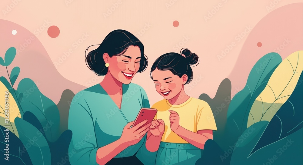 Mother and daughter joyfully sharing a moment while using a smartphone Mother and daughter joyfully sharing a moment while using a smartphone