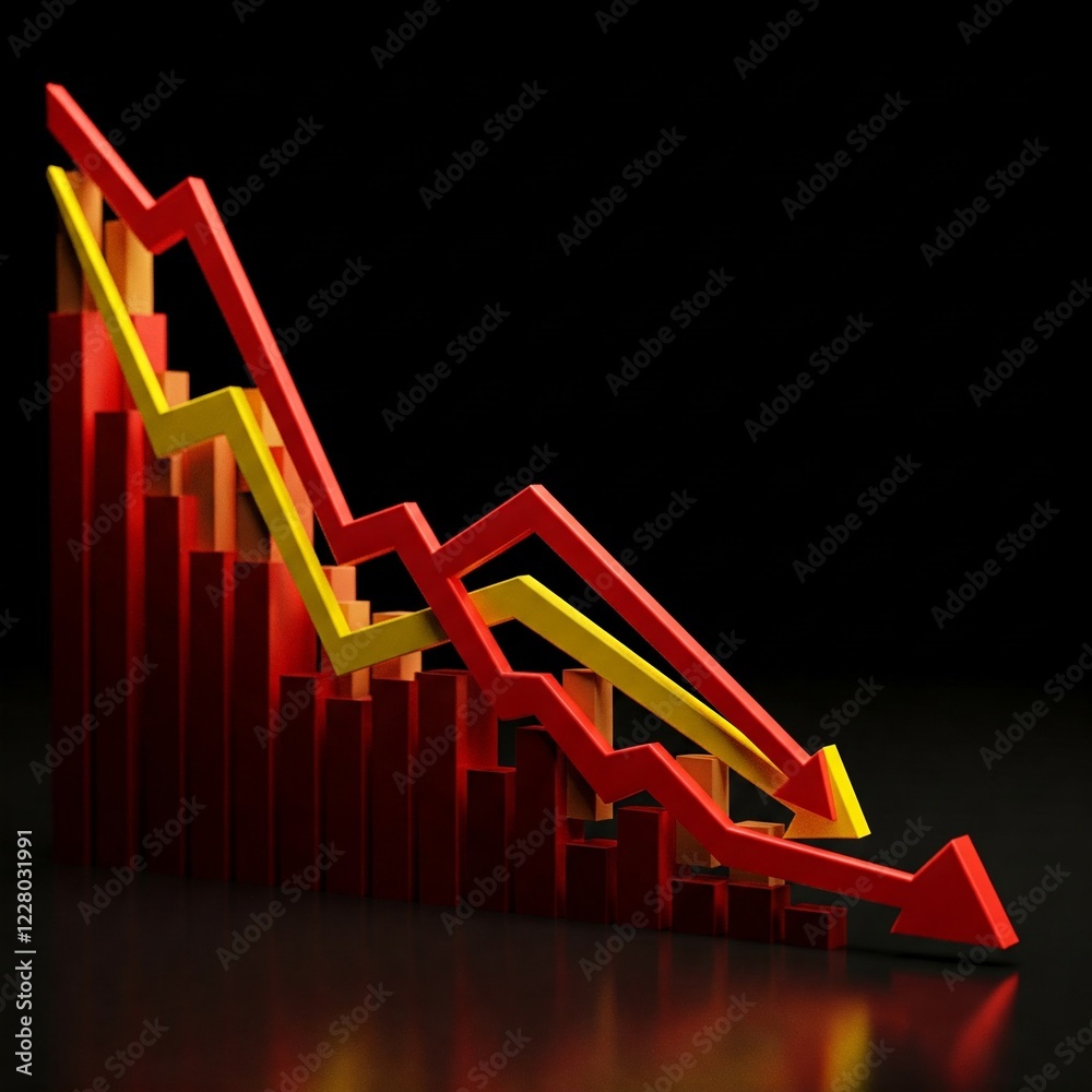 Abstract financial chart showing declining market trends with red and yellow graphs on a dark background. 3D Rendering Abstract financial chart showing declining market trends with red and yellow graphs on a dark background. 3D Rendering