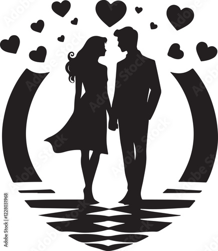 Romantic Silhouette of Couple in Love Holding Hands. A black silhouette of a loving couple holding hands, set within a circular frame.