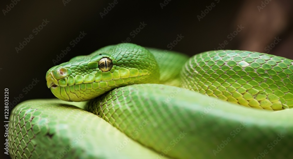 Close-up of a vibrant green snake resting on a branch Close-up of a vibrant green snake resting on a branch