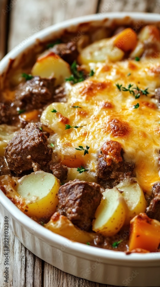 Hot tasty meat and potato stew with melted cheese and herbs