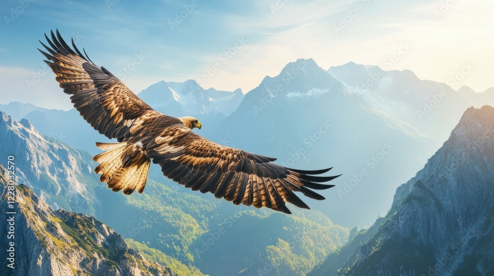 Majestic eagle soaring over mountain landscape at sunset