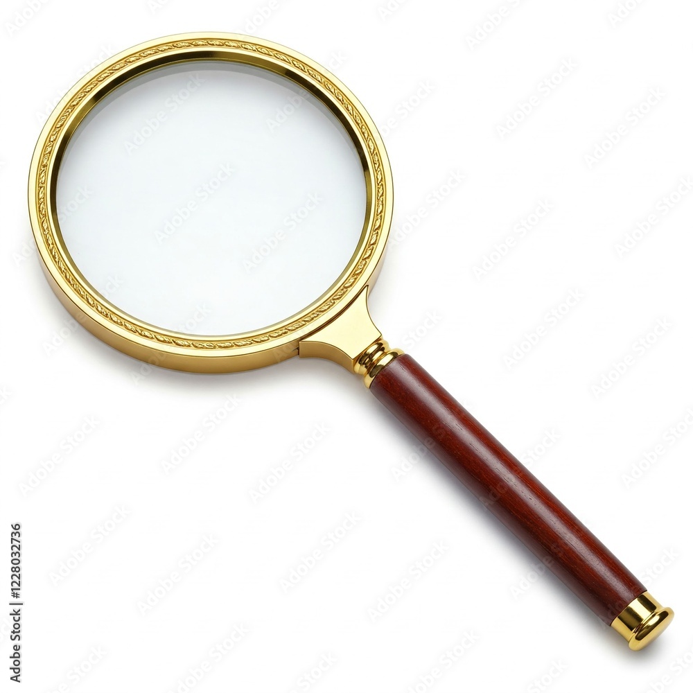 Gold-framed magnifying glass with wooden handle on white background Gold-framed magnifying glass with wooden handle on white background