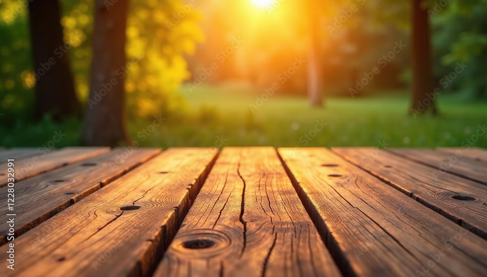 Fototapeta premium Warm golden light falls on weathered mango wood planks, natural light, wooden plank