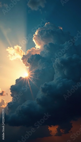 The sun's rays cast an ethereal glow on a dark and foreboding storm cloud formation, sunlight, weather