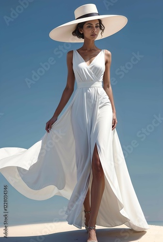 Elegant woman in a white dress and wide-brimmed hat walking on a sunny beach against a clear sky