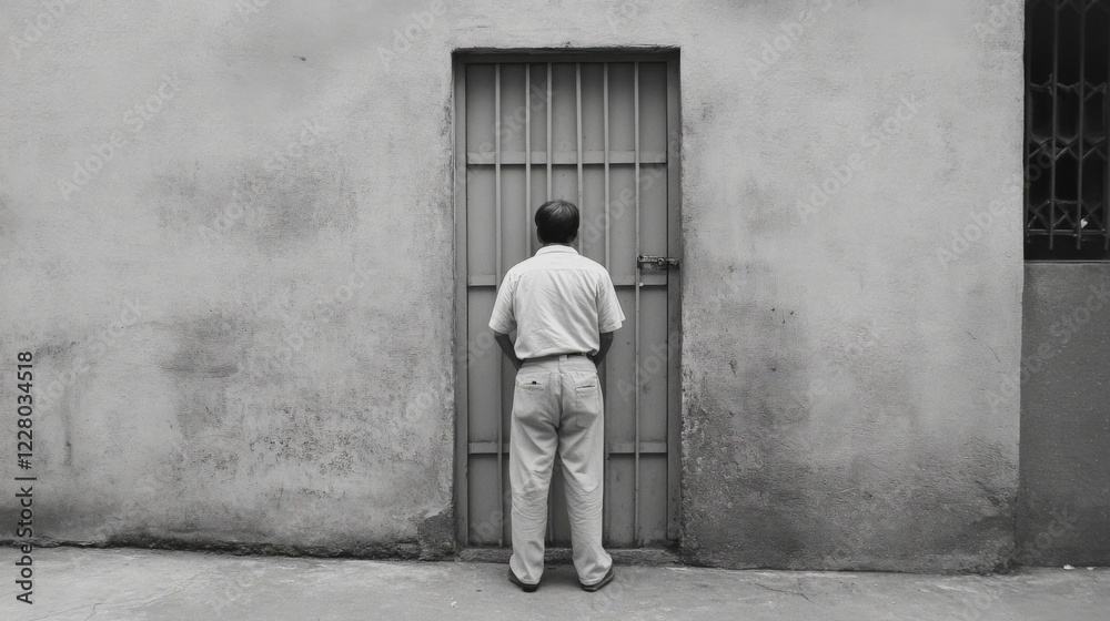 Man standing before a barred door on a weathered wall. Man standing before a barred door on a weathered wall.